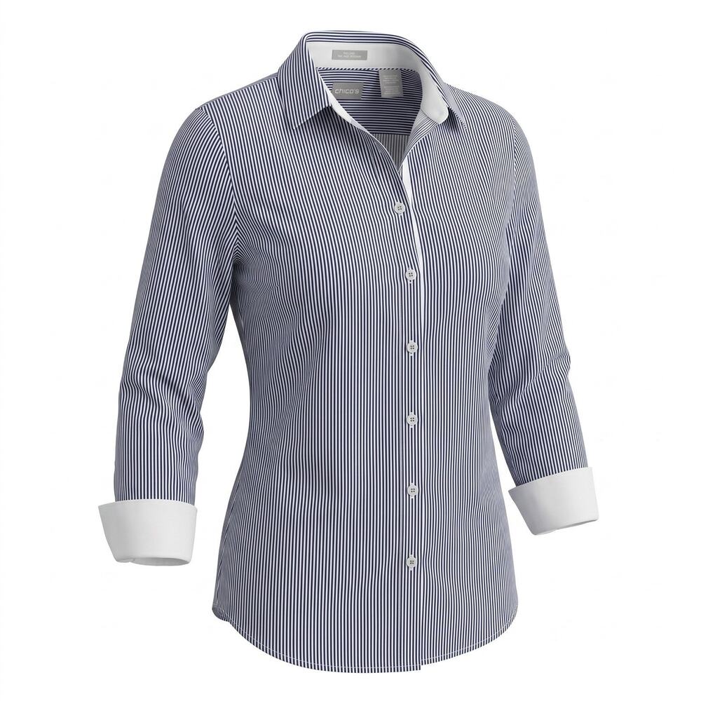 Chico’s No Iron Chic Stretch Striped Button Front Shirt Womens 1 US 8 Blue White